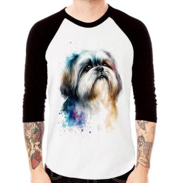 Imagem de Camiseta Raglan Cachorro Shih Tzu Watercolor Manga 3/4 - Foca na Moda,