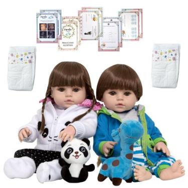 Imagem de Kit 2 Bebe Reborn Gêmeos Girafa Panda Recem Nascido Enxoval - Cegonha 