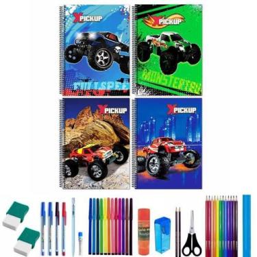 Imagem de Kit 8 Cadernos Pickup Carro Capa Dura Grande Arame 38 Itens - Maxima c