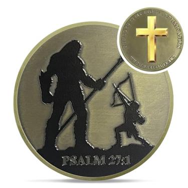 Imagem de Moeda do Desafio Cristão de Davi e Golias - Cruz de Ouro Salmo 27:1 Jesus Símbolo Religioso - Arte Bolso de Deus Versos da Bíblia Moedas para Estudo - Presentes comemorativos de boa sorte para homens,