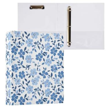 Imagem de Fichário fofo floral azul e branco com 3 anéis decorativos de 3,8 cm com prancheta e 3 bolsos transparentes, comporta 200 folhas de papel tamanho A4 à prova d'água para escola, escritório em casa