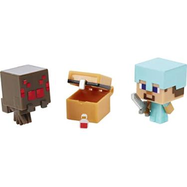 Imagem de Minecraft Mob Head Minis Spider Slayer Steve Pack with 2 Action Figures & Accessories, Incudes Authentic Pixelated Video-Game Characters Steve & Spider, Collectible Gift for Fans Age 6 Years & Older