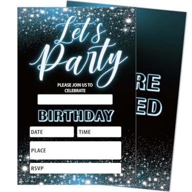 Imagem de heiyihe Blue Let's Party Convites de aniversário, pacote com 20 convites de festa de aniversário para meninos meninas com envelopes, suprimentos de festa para chá de bebê, 10 cm x 15 cm - D19