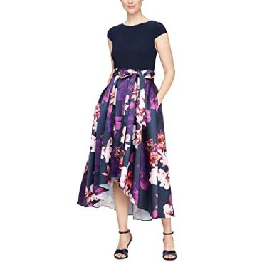 Imagem de S.L. Fashions Vestido feminino de jérsei elástico com manga cavada floral e cinto de amarrar, Boné floral azul-marinho, 46