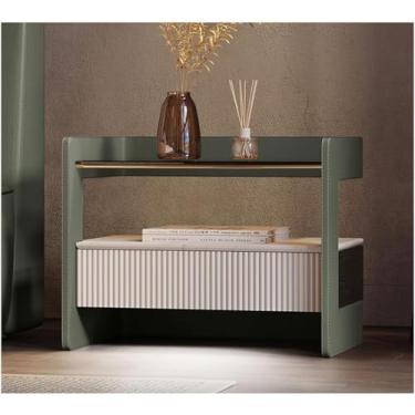 Imagem de Mesa de cabeceira moderna com sensor inteligente de luz e gaveta de madeira mesa de cabeceira de vidro minimalista mesa lateral lateral de couro armário de cabeceira para quarto, verde, 55 x 37 x 48