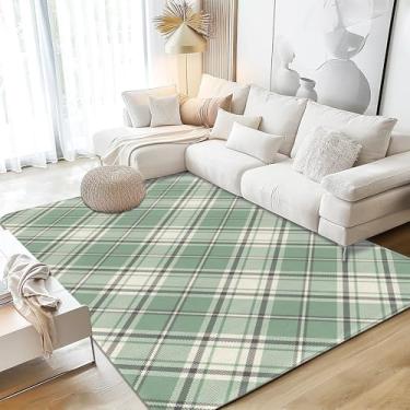 Imagem de Tapetes de área cinza verde sálvia 12 x 18 cm lavável para sala de estar, tapete de área de tiras geométricas abstratas, tapete de chão com estampa antiderrapante/não solta para sala de jantar, quarto