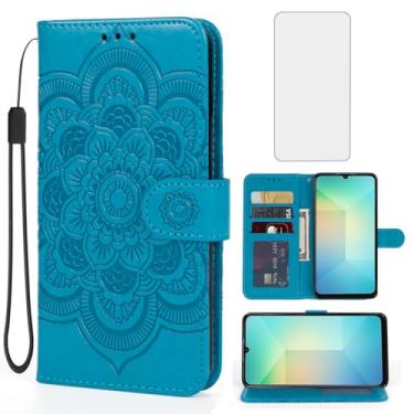 Imagem de Bohefo Capa para Galaxy A06, capa carteira para Samsung A06 SM-A065F com protetor de tela de vidro temperado, capa flip de couro mandala com suporte para cartão de crédito para Samsung Galaxy A06 azul