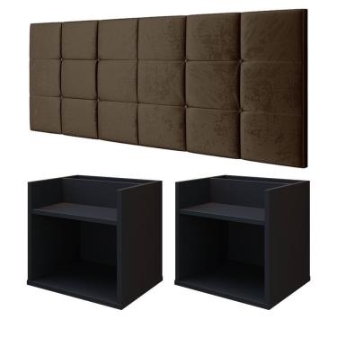 Imagem de Kit 2 Mesinhas Suspensa Madri Preto Nicho Divisória Retrô Cabeceira Bia 1,40 Estofado Suede Marrom Cama Box Casal Quarto