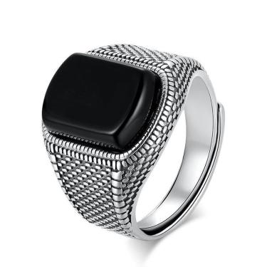 Imagem de Anel Pedra Preta Trabalhado Ajustável Ônix Fusion