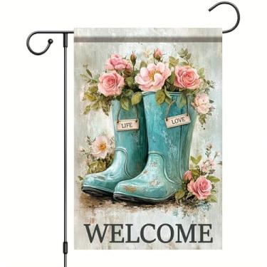 Imagem de Startlit Pátio Bem-vindo Bandeira de jardim 30,5 x 45,7 cm Botas florais de flor rústica dupla face botas de jardim primavera verão floral bem-vindo bandeira de quintal para fora do gramado varanda