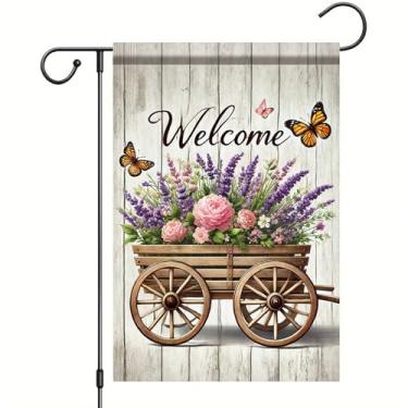 Imagem de Starlit Patio Bem-vindo primavera verão jardim bandeira dupla face 30 x 45 lavanda flor balde decorativo quintal gramado exterior pequena bandeira decoração vintage fazenda sazonal decorações externas