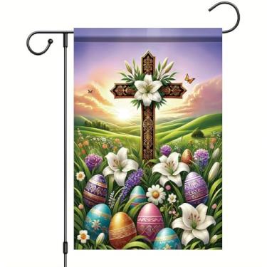 Imagem de Starlit Patio Cruz de páscoa bandeira de jardim para exterior cruz religiosa He is Risen com ovos de coelho flores bandeira de quintal pequenas decorações de primavera para fora de casa de fazenda