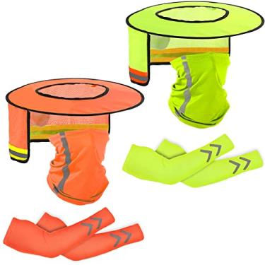 Imagem de Chapéu de sol sombra de alta visibilidade gola sol aba completa malha pescoço pára-sol com alça reflexiva UV mangas de braço construção chapéu viseira bandana lenço de rosto (amarelo neon/laranja, 2 conjuntos)