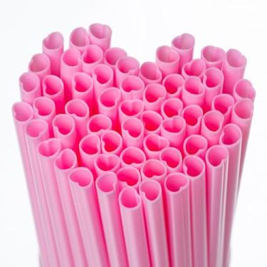 Imagem de Fessary 60 canudos rosa em forma de coração descartáveis de plástico fofo canudo embrulhado individualmente dia dos namorados coquetel festa de aniversário chá de panela suprimentos de casamento olá