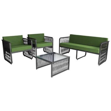 Imagem de Conjunto 2 Poltronas 1 Namoradeira e 1 Mesa de Centro Santiago em Alumínio e Corda Náutica Acesse Móveis