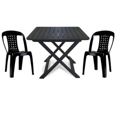 Imagem de Mesa Quadrada Dobrável 80cm Preta + 2 Cadeiras Com Encosto Vime Empilh