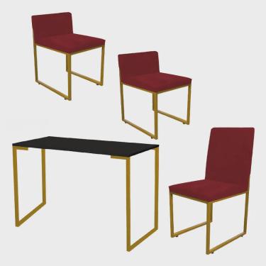 Imagem de Kit Mesa Escrivaninha com Cadeira Stan e 2 Poltronas Lee Tampo Preto Ferro Dourado Tecido Sintético Vermelho - Ahz Móveis