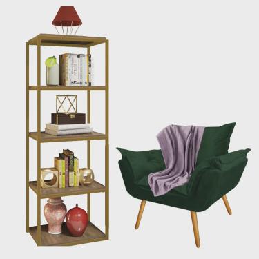 Imagem de Kit Poltrona Fatte com Manta Soft Lilás e Estante Livreiro Ferro Dourado mdf Imbuia Suede Verde Musgo - Ahz Móveis