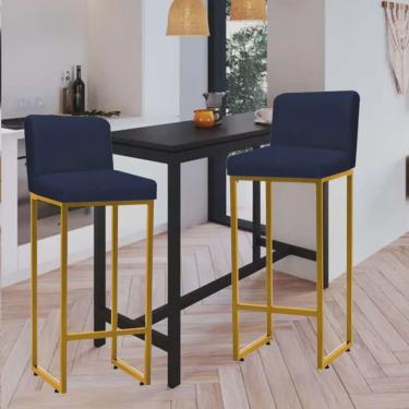 Imagem de Kit 02 Banqueta Alta Com Encosto Lucca -60cm chão até o assento Industrial Ferro Dourado Sintético Azul Marinho - Ahz Móveis