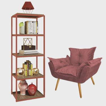 Imagem de Kit Poltrona Fatte com Estante Livreiro Ferro Bronze mdf Nogal Suede Rose Gold - Ahazzo Móveis