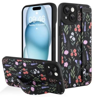 Imagem de AIGOMARA Capa para iPhone 15 com alça para mulheres e meninas, linda estampa de flores florais, capa protetora de silicone com suporte de faixa macia, preta