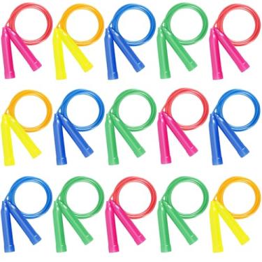 Imagem de Erinnmy Pacote com 15 cordas de pular infantis, cordas de pular de plástico de 2,2 m, cordas de pular coloridas ao ar livre, corda de pular ajustável para festa infantil, presente de recompensa de