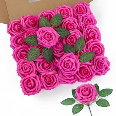 Imagem de DuHouse 50 peças de rosas artificiais flores falsas com hastes flores de espuma de toque real para buquê de casamento faça você mesmo chá de bebê peça central arranjo floral festa decoração de casa