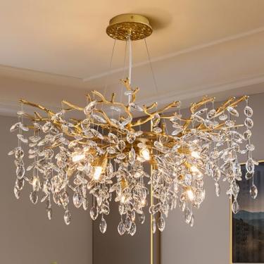 Imagem de witkey Lustre De Cristal Moderno Com Galho De Árvore, Iluminação Pendente De Cristal Dourado De Luxo, 30" Lustres Contemporâneos De 10 Luzes Para Sala De Jantar, Cozinha, Quarto E Sala De Estar
