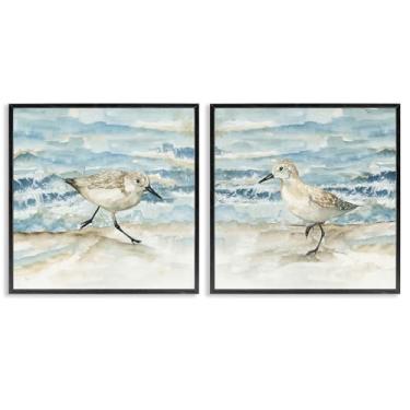 Imagem de Stupell Industries Sandpipers Treading Beach Shore Conjunto de arte giclée emoldurado preto de 2 peças, design por Nan, 43 x 43 cm