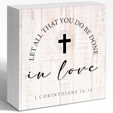 Imagem de WUZYOU Do Be Done in Love Placa de parede de madeira para decoração de mesa, placa cristã inspiradora, versículo bíblico 1 Coríntios 16:14 escritório casa quarto decoração de prateleira 12,7 cm x 12,7