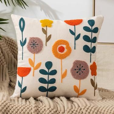 Imagem de WONDERFUL LIFE Capa de almofada bordada 45,7 cm x 45,7 cm, lona de algodão floral decorativa para sofá almofada quadrada almofada para quarto sofá fazenda estética (A003)