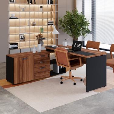 Imagem de Mesa para Escritório Diretor em L Escrivaninha com Armário e Gavetas – Tampo Bicolor Nogal Sevilha/Preto
