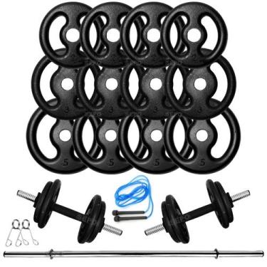 Imagem de Kit Musculação 40Kg Anilhas E Barras + Corda Treino Em Casa - SEPO