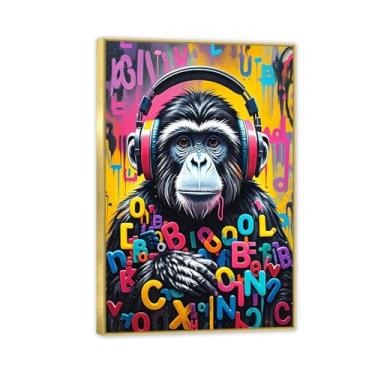 Imagem de Banksy Wall Art Prints Monkey Graffiti DJ Monkey Gorilla Chimp Animal Canvas Art para sala de estar escritório decoração de parede emoldurada pronta para pendurar decoração de quarto para homens 45 x