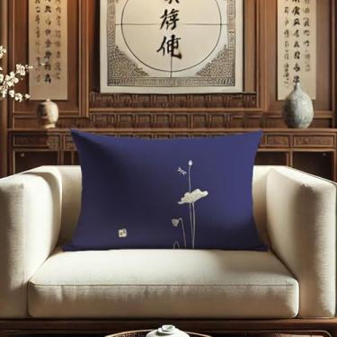 Imagem de [Dupla face HD Lotus] Capa de almofada impressa digital minimalista chinesa, respirável e resistente, capa de almofada decorativa de sofá e quarto com zíper invisível (30,5 x 50,8 cm, JZHH-M)