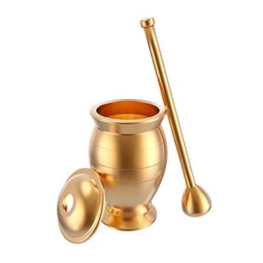 Imagem de Tigela Moedora Conjunto de Pilão de Argamassa de Latão Conjunto de Pilão e Almofariz de Latão Tradicional Moedor de Ervas e Especiarias, Dourado Moedor Triturador(Grande)