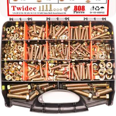 Imagem de Twidec /808pcs Kit sortido de porcas e parafusos sextavados grau 8,8, sortido de parafusos métricos, 1/4-20 5/16-18 3/8-16 1/2-13 SAE kit de parafusos e porcas resistentes, chapa e arruela de trava de