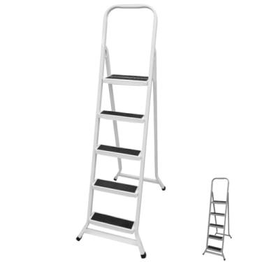 Imagem de Escada 5 Degraus Ferro Dobrável Parede Reforçada Reta Sótão (Branco)