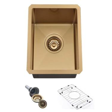 Imagem de Pia de cozinha com barra dourada de 30,5 cm - Weslib 30,5 x 40,6 cm de montagem subterrânea dourada pequena para barra molhada para preparação de barra, calibre 16 com grade inferior