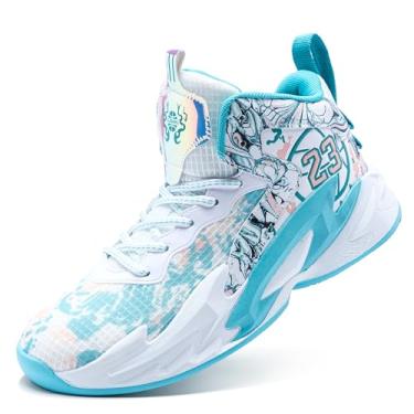 Imagem de Tênis de basquete masculino de cano alto com suporte de amortecimento de malha respirável e sola antiderrapante(White-green-4,43 BR)