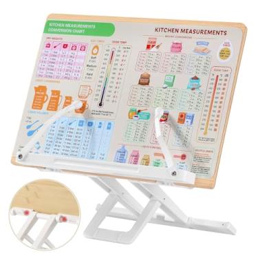 Imagem de Suporte de livro para leitura, suporte dobrável de livro de receitas, bandeja ajustável para livros e clipes de papel de página com clipes elásticos de página para receita, partituras musicais, laptop