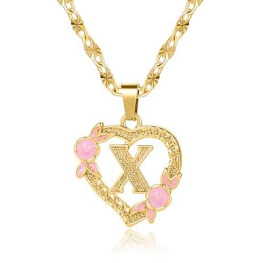 Imagem de Qitian Colar de coração com inicial para mulheres, coração, letra dourada, nome A-Z, alfabeto, pingente para presente de menina, Ouro, Sem Pedra Preciosa