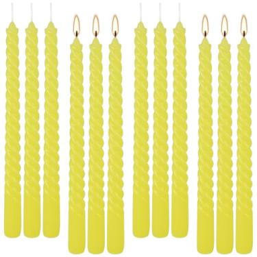 Imagem de Pacote com 12 velas cônicas amarelas em espiral – sem gotejamento, sem cheiro – queima por 7 horas – Castiçais altos derramados à mão – Perfeito para decoração de casa, casamentos e ocasiões especiais