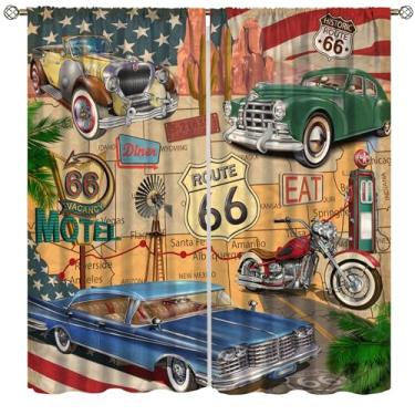 Imagem de VUMIVI Route 66 Cortinas Rústicas Vintage Carros Clássicos Motocicletas Moinhos de Vento Ocidental Cacto Janela Tratamentos para Cozinha Quarto Sala de Estar Sala de Jantar 107 cm L X 113 cm C