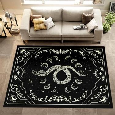 Imagem de Tapete boho de lua e cobra, tapetes antiderrapantes com design boêmio para quarto, sala de estar, estilo gótico, estrelas, tapete para decoração de casa, preto e branco (cobra, 160 cm x 119 cm)