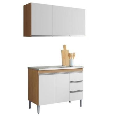 Imagem de Balcão De Pia 100cm E Armário Aéreo Andréia 3 Portas Amêndoa Branco - Ajl