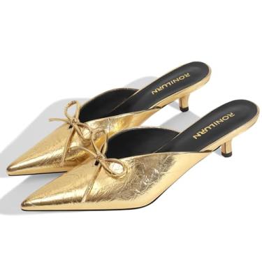Imagem de RONILURN Salto gatinho feminino salto alto mules stiletto bico fechado bico fino salto baixo moderno metálico frente única festa de formatura elegante, Dourado, 35