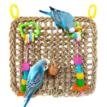 Imagem de SunGrow – Brinquedo de parede de forragem de pássaros com gancho para pendurar, 31,75 x 34,3 cm, tapete de tecido de erva comestível, exercício de bico e simulação de QI de pássaro pequeno e médio, adequado para ampla variedade de pássaros, 1 peça