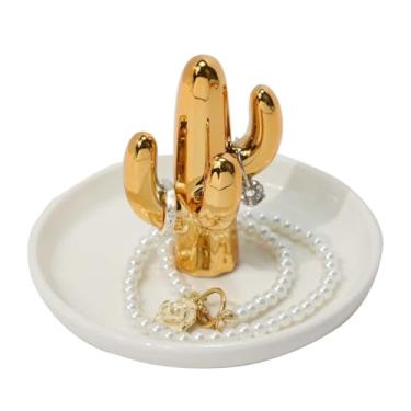 Imagem de GISK Suporte de anel de cerâmica com prato branco para joias (cacto-B)