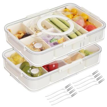 Imagem de Embalagem com 2 recipientes para lanches, bandeja de servir dividida para máquina de lavar louça, com tampa e alça, travessas de charcutaria portáteis transparentes para frutas, doces, nozes, vegetais